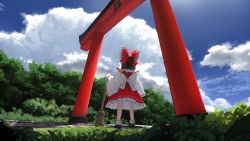 Rule 34 | 1girl, bow, broom, brown footwear, brown hair, bush, cloud, cloudy sky, commentary, day, detached sleeves, facing away, forest, frilled bow, frilled skirt, frills, from behind, from below, grass, hair bow, hakurei reimu, highres, holding, holding broom, long sleeves, medium hair, nature, outdoors, pavement, ponytail, red bow, red skirt, red vest, ribbon-trimmed sleeves, ribbon trim, shoes, skirt, sky, socks, solo, suna (s73d), torii, touhou, tree, vest, waist bow, white bow, white sleeves, white socks, wide shot, wide sleeves