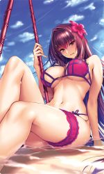 Rule 34 | 1girl, arm support, bikini, blue sky, breasts, bridal garter, cleavage, day, fate/grand order, fate (series), fingernails, flower, foreshortening, gae bolg (fate), hair between eyes, hair flower, hair intakes, hair ornament, highres, large breasts, leaning back, long fingernails, long hair, navel, outdoors, parted lips, partially submerged, pink bikini, pink eyes, pinky out, piromizu, purple hair, scathach (fate), scathach (fate/grand order), scathach (swimsuit assassin) (fate), sky, solo, swimsuit, underboob, very long hair, wet, wet hair
