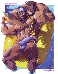 Rule 34 | 2boys, abs, absurdres, archie (pokemon), armpit hair, bandana, bara, beard, beaugilliam, black hair, blue bandana, blue male swimwear, bulge, chest hair, creatures (company), cum, cup, dark-skinned male, dark skin, drinking straw, earrings, erection, erection under clothes, facial hair, game freak, gumroad username, highres, holding, holding cup, jewelry, large pectorals, leg hair, looking at viewer, male focus, male swimwear, manly, matt (pokemon), multiple boys, muscular, muscular male, navel, necklace, nintendo, nipples, one eye closed, open mouth, patreon username, pectorals, pokemon, pokemon oras, short hair, smile, swim trunks, team aqua, teeth, thick thighs, thighs, thumbs up, tongue, tongue out, twitter username, very short hair, water