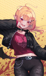 Rule 34 | 1girl, bat wings, belt, belt buckle, black belt, black collar, black jacket, black pants, black wings, blonde hair, blood, blood splatter, blush, buckle, chain, clothes writing, collar, cropped jacket, ear chain, earclip, english text, facial mark, fangs, finger in own mouth, floating hair, hair ornament, hairclip, highres, jacket, long hair, long sleeves, looking at viewer, low wings, midriff peek, multicolored hair, navel, open mouth, original, pants, pointy ears, polka dot, polka dot background, red eyes, red hair, red shirt, shirakawafel, shirt, skull belt, smile, solo, spiked collar, spikes, streaked hair, thigh gap, twitter username, vampire, wing piercing, wings, yellow background
