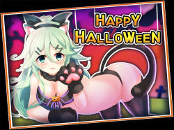 Rule 34 | 1girl, alternate costume, animal ears, animal hands, bent over, bikini, black bikini, black thighhighs, blush, cat ears, cat paws, cat tail, collar, commentary request, green eyes, green hair, hair between eyes, hair ornament, hair ribbon, hairclip, halloween, hand up, kakeyu, kantai collection, long hair, looking at viewer, parted bangs, ribbon, solo, swimsuit, tail, thighhighs, yamakaze (kancolle)