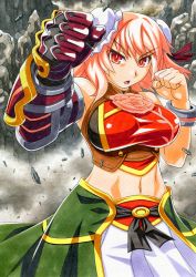 Rule 34 | &gt;:o, 1girl, :o, adapted costume, alternate costume, breasts, clenched hands, gauntlets, hair bun, hair ornament, highres, ibaraki kasen, kawachi koorogi, large breasts, looking at viewer, marker (medium), navel, open mouth, pink hair, red eyes, solo, touhou, traditional media, v-shaped eyebrows