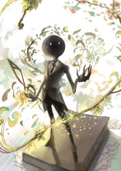 Rule 34 | 1boy, black necktie, book, copyright name, deemo, deemo (character), formal, from above, full body, glowing, highres, legs apart, male focus, necktie, plant, sishenfan, solo, standing, suit, white background