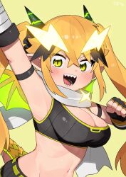 Rule 34 | 1girl, arm strap, arm up, armpits, black hair, black sports bra, blonde hair, breasts, cleavage, clenched hand, commentary request, fingerless gloves, gloves, groin, highres, horns, itoriyo, large breasts, multicolored hair, navel, open mouth, original, scarf, sharp teeth, smile, solo, sports bra, teeth, twintails, two-tone hair, white scarf