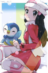 Rule 34 | 1girl, bag, beanie, black hair, blush, boots, closed mouth, coat, commentary request, creatures (company), dawn (pokemon), duffel bag, eyelashes, game freak, gen 4 pokemon, grey eyes, grey scarf, hair ornament, hairclip, hat, highres, long sleeves, looking at viewer, looking back, nintendo, over-kneehighs, pink footwear, piplup, pokemon, pokemon (creature), pokemon dppt, pokemon platinum, scarf, signature, smile, snow, snowing, surumeika (ninfiiiir), thighhighs, white bag, white headwear, white thighhighs