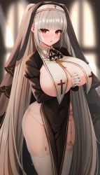 Rule 34 | 1girl, absurdly long hair, alternate costume, ascot, azur lane, black dress, black veil, blunt bangs, blush, breast curtains, breasts, commentary, covered navel, cowboy shot, cross, dress, formidable (azur lane), garter belt, grey hair, huge breasts, long hair, looking at viewer, marota, nun, own hands clasped, own hands together, parted lips, pelvic curtain, red eyes, solo, thighhighs, twintails, veil, very long hair, white garter belt, white thighhighs, wide hips
