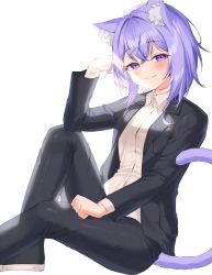 Rule 34 | 1girl, :3, absurdres, animal ear fluff, animal ears, bad id, bad pixiv id, black footwear, black jacket, black pants, blush, cat ears, cat girl, cat tail, collared shirt, commentary request, fang, fang out, foot out of frame, formal, hair between eyes, hand on own thigh, hand up, harusame (user wawj5773), highres, hololive, huge filesize, jacket, long hair, long sleeves, looking at viewer, nekomata okayu, open clothes, open jacket, pants, purple eyes, purple hair, shirt, shoes, simple background, sitting, smile, solo, suit, tail, virtual youtuber, white background, white shirt