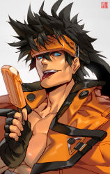 Rule 34 | 1boy, arc system works, artist name, bara, black hair, blue eyes, gloves, guilty gear, guilty gear strive, headband, ice, jacket, long hair, looking at viewer, male focus, muscular, muscular male, na insoo, pectorals, saliva, sol badguy, solo, spiked hair, tight clothes, tongue, tongue out