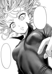 Rule 34 | 1girl, breasts, curly hair, dress, floating hair, greyscale, highres, long sleeves, medium hair, monochrome, murata yuusuke, official art, one-punch man, open mouth, simple background, skin tight, small breasts, tatsumaki, white background