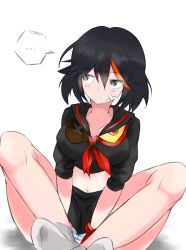 Rule 34 | 1girl, absurdres, bad id, bad pixiv id, bandages, black hair, blank speech bubble, blue panties, blush, breasts, cameltoe, collarbone, frown, gloves, grey eyes, hands on lap, highres, indian style, kill la kill, large breasts, looking to the side, matoi ryuuko, navel, no shoes, panties, pantyshot, red gloves, red hair, school uniform, senketsu, simple background, single glove, sitting, sleeves rolled up, socks, speech bubble, split mouth, striped clothes, striped panties, underwear, upskirt, white background