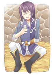 Rule 34 | 00s, 1boy, animal, bad id, bad pixiv id, blush, boots, dog, closed eyes, hay, highres, kinoshita neko, knee boots, long hair, male focus, official alternate costume, purple hair, repede (tales), smile, solo, tales of (series), tales of vesperia, tales of vesperia: the first strike, yuri lowell
