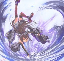 Rule 34 | 10s, 1girl, absurdres, armadillo-tokage, artist name, bad id, bad pixiv id, bare shoulders, brown hair, flexible, grey panties, handstand, headgear, highres, kantai collection, long hair, machinery, nagato (kancolle), one arm handstand, over-kneehighs, panties, red eyes, red thighhighs, skirt, solo, striped clothes, striped panties, thighhighs, turret, underwear, water, white skirt