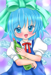 Rule 34 | 1girl, blue eyes, blush, bottle, bow, cirno, commentary request, dress, hair bow, highres, ice, ice wings, hugging object, open mouth, ribbon, short hair, smile, solo, touhou, wings, yuzuna99