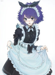 Rule 34 | 1girl, absurdres, apron, apron hold, artist name, black bow, black choker, black eyes, black ribbon, blush, bow, breasts, buttons, choker, collared dress, commentary, cowboy shot, dress, frilled apron, frills, hair ribbon, highres, long sleeves, looking at viewer, maid, maid apron, maid headdress, messy hair, nayoyoki, neck ribbon, open mouth, original, purple eyes, purple hair, ribbon, ribbon choker, short hair, signature, simple background, sleeve cuffs, small breasts, solo, standing, sweat, waist apron, white apron, white background