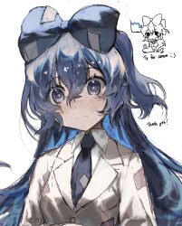 Rule 34 | 1girl, adapted costume, blue bow, blue eyes, blue hair, blue necktie, bow, commeowdore, debt, hair between eyes, hair bow, highres, long hair, looking at viewer, necktie, simple background, solo, touhou, very long hair, white background, yorigami shion