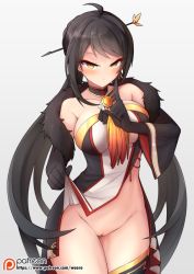 Rule 34 | 1girl, ahoge, ara haan, ara han, bad id, bad pixiv id, black hair, blush, bottomless, breasts, choker, clothes lift, collarbone, dress, dress lift, elbow gloves, elsword, fur trim, gloves, heart, heart-shaped pupils, large breasts, long hair, looking at viewer, md5 mismatch, no panties, patreon, pussy, resolution mismatch, revision, solo, strapless, strapless dress, symbol-shaped pupils, thighhighs, uncensored, waero, white background, yama raja (elsword), yellow eyes