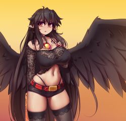 Rule 34 | 1girl, arm behind back, bare shoulders, belt, black choker, black hair, black panties, black shorts, black thighhighs, black wings, breasts, choker, collarbone, commentary, cowboy shot, earrings, english commentary, feathered wings, fingernails, gradient background, hair down, hand on own chest, hand up, hater (hatater), highleg, highleg panties, highres, hoop earrings, jewelry, large breasts, long hair, long sleeves, looking at viewer, midriff, nail polish, navel, navel piercing, off-shoulder shirt, off shoulder, orange background, panties, parted lips, piercing, pointy ears, red belt, red eyes, red nails, reiuji utsuho, sharp fingernails, shiny skin, shirt, short shorts, shorts, sidelocks, skindentation, solo, spaghetti strap, standing, stomach, thighhighs, thighs, thong, touhou, underwear, very long hair, wings, yellow background
