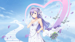 Rule 34 | 1girl, aircraft, airplane, animal, azur lane, bare arms, bare shoulders, blue sky, blurry, blurry foreground, blush, bouquet, breasts, bridal veil, cleavage, closed mouth, cloud, commentary, day, depth of field, dress, english commentary, fingernails, flower, flying, hair bun, hand on own chest, hand up, head tilt, heart, highres, intelman, jewelry, long hair, medium breasts, necklace, one side up, outdoors, petals, purple eyes, purple flower, purple hair, purple rose, ring, rose, see-through, side bun, single hair bun, single side bun, sky, smile, solo, strapless, strapless dress, tiara, unicorn (azur lane), veil, very long hair, wedding band, white dress, winged unicorn