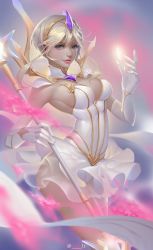 Rule 34 | 1girl, artist request, blue eyes, breasts, check artist, cleavage, dress, elbow gloves, elementalist lux, gloves, highres, jz, large breasts, league of legends, light elementalist lux, lux (league of legends), magic, miniskirt, realistic, sideboob, skirt, solo, tagme, tiara, wand, white dress, white gloves, white hair