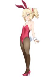 Rule 34 | 1girl, absurdres, alternate costume, animal ear hairband, animal ears, armpit crease, bare shoulders, black pantyhose, blonde hair, blush, bow, breasts, covered navel, fake animal ears, fake tail, full body, green eyes, hair bow, hairband, high heels, highres, idolmaster, idolmaster cinderella girls, leotard, looking ahead, mrhunking, oversized breast cup, pantyhose, playboy bunny, rabbit ear hairband, rabbit ears, rabbit tail, red footwear, red leotard, sakurai momoka, simple background, small breasts, smile, solo, tail, white background, wrist cuffs