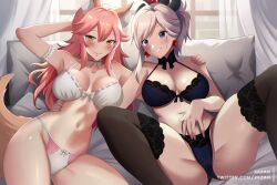 Rule 34 | 2girls, animal ear fluff, animal ears, arm behind head, arm garter, arm up, armband, armpits, arms up, bed, bed sheet, bedroom, belly, black thighhighs, blue eyes, blush, bow, breasts, cameltoe, choker, cleavage, collar, collarbone, curtains, curvy, detached collar, earrings, eyelashes, fate/extra, fate/grand order, fate/samurai remnant, fate (series), fingernails, fox ears, fox girl, fox tail, groin, hair ornament, highleg, highres, indoors, jewelry, kitsune, large breasts, lingerie, long hair, looking at viewer, lying, midriff, miyamoto musashi (fate), multiple girls, narrow waist, naughty face, navel, on bed, open mouth, pillow, pink hair, ponytail, presenting, presenting armpit, revealing clothes, seductive smile, shiny skin, short hair, sidelocks, smile, spread legs, stomach, swept bangs, tail, take your pick, tamamo (fate), tamamo no mae (fate/extra), thick thighs, thighhighs, thighs, twitter username, underwear, white hair, wide hips, window, xkzan, yellow eyes