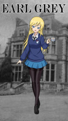Rule 34 | 1girl, blonde hair, blue eyes, blue sweater, breasts, character name, cup, earl grey (girls und panzer), emblem, english text, girls und panzer, highres, holding, long hair, long sleeves, necktie, school uniform, sharky (sharkycast), skirt, solo, st. gloriana&#039;s (emblem), st. gloriana&#039;s school uniform, sweater, teacup, v-neck