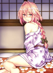 Rule 34 | 1boy, astolfo (fate), bare shoulders, blush, bow, braid, commentary request, fang, fate/grand order, fate (series), floral print, green bow, hair bow, hair intakes, japanese clothes, kimono, long hair, looking at viewer, male focus, multicolored hair, nakajima kotoko, off shoulder, on ground, pink hair, purple eyes, single braid, sitting, skin fang, solo, streaked hair, trap