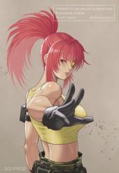 Rule 34 | 1girl, arm pouch, bare shoulders, black gloves, dark persona, dated, earrings, eyeshadow, gloves, highres, jewelry, kkzk61539201, leona heidern, looking at viewer, makeup, orochi leona, ponytail, red eyes, red hair, signature, solo, tank top, the king of fighters, the king of fighters xv, triangle earrings, yellow tank top