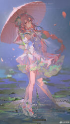 Rule 34 | 1girl, 2023, absurdres, arm at side, bare legs, breasts, bright pupils, chinese commentary, chinese text, choker, cleavage, commission, dress, english text, falling petals, flower, full body, green eyes, green hair, green skirt, hair flower, hair ornament, hand up, heterochromia, highres, holding, holding umbrella, light particles, lily pad, long hair, looking at viewer, multicolored hair, oil-paper umbrella, original, parted lips, petals, pink hair, pink skirt, pink umbrella, purple background, rain, red choker, red eyes, sample watermark, skirt, small breasts, solo, splashing, standing, star-shaped pupils, star (symbol), streaked hair, symbol-shaped pupils, twintails, two-tone skirt, umbrella, watermark, weibo logo, weibo username, white dress, white flower, white footwear, white pupils, xi xishao