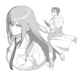 Rule 34 | 1boy, 1girl, cellphone, closed mouth, cropped arms, cropped torso, flip phone, greyscale, hand in pocket, highres, holding, holding phone, lab coat, long hair, looking ahead, looking back, makise kurisu, monochrome, necktie, okabe rintarou, phone, riki (riki unc), steins;gate