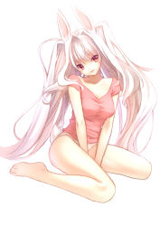 Rule 34 | 1girl, animal ears, bare legs, barefoot, breasts, cleavage, highres, light smile, lips, long hair, looking at viewer, nana mikoto, no pants, original, panties, rabbit ears, rabbit tail, red eyes, simple background, sitting, solo, tail, twintails, underwear, very long hair, white background, white hair, white panties