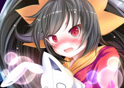 Rule 34 | 1girl, ashley (warioware), big hair, black hair, blush, commentary request, dress, embarrassed, hairband, holding, holding stuffed toy, light particles, long hair, long sleeves, looking at viewer, maritchi, neckerchief, nintendo, nose blush, open mouth, orange hairband, orange neckerchief, red dress, red eyes, solo, stuffed animal, stuffed rabbit, stuffed toy, sweat, twintails, upper body, warioware, wavy mouth
