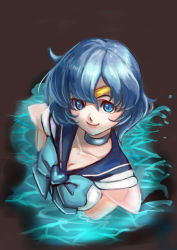Rule 34 | 1girl, bishoujo senshi sailor moon, blue bow, blue eyes, blue hair, blue sailor collar, bow, brooch, choker, from above, heart, heart brooch, highres, jewelry, liliore(l.ily), looking at viewer, matching hair/eyes, mizuno ami, sailor collar, sailor mercury, short hair, smile, solo, super sailor mercury, upper body, water