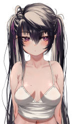 Rule 34 | 1girl, :/, absurdres, armpit crease, arms behind back, bare shoulders, black hair, blush, bow, breasts, bright pupils, closed mouth, collarbone, crop top, hair between eyes, hair bow, hair ornament, highres, long hair, looking to the side, medium breasts, messy hair, mole, mole on breast, navel, original, priite hari (torriet), purple bow, purple eyes, revision, shirt, sidelocks, simple background, skindentation, solo, spaghetti strap, straight hair, torriet, tsurime, twintails, upper body, veins, veiny breasts, very long hair, white background, white shirt