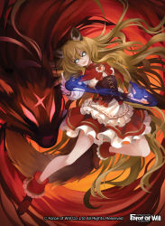 Rule 34 | 1girl, animal ears, apron, black sclera, blonde hair, boots, bow, bowtie, colored sclera, company name, fangs, fire, force of will, green eyes, long hair, nyarlathotep (force of will), official art, open mouth, solo, wolf ears, yuko (uc yuk)