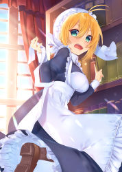 Rule 34 | 1girl, absurdres, antenna hair, apron, ayamori mimi, blonde hair, book, bookshelf, breasts, dress, frills, green eyes, hair between eyes, highres, large breasts, long sleeves, looking at viewer, maid, maid apron, open mouth, puffy sleeves, solo, tsurumaki maki, voiceroid