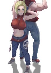 1boy 1girl absurdres ahoge armpits arms_behind_head arms_up belt blonde_hair blue_eyes blue_mary bracelet breasts crop_top denim fatal_fury fingerless_gloves gloves hidora1716 highres jeans jewelry large_breasts looking_at_viewer midriff muscular muscular_male navel necklace out_of_frame pants shadow shoes short_hair simple_background smile snk standing terry_bogard the_king_of_fighters white_background