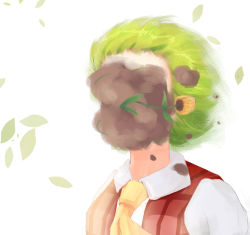 Rule 34 | 1girl, ascot, bad id, bad pixiv id, bright background, collared shirt, covered face, dirt, dirty, dirty face, dl4544, floating hair, flower, green hair, in the face, kazami yuuka, leaf, plaid, plaid vest, shirt, short hair, solo, touhou, upper body, vest, wind, wing collar