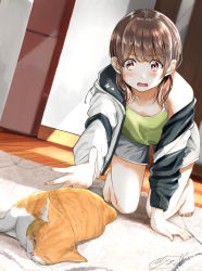Rule 34 | 1girl, all fours, bare legs, barefoot, blush, brown eyes, brown hair, camisole, cat, collarbone, commentary request, dutch angle, green camisole, grey shorts, highres, hood, hoodie, indoors, looking down, open mouth, original, outstretched hand, rug, short hair, shorts, signature, solo, soragane (banisinngurei), teeth, two-tone hoodie, upper teeth only, wooden floor
