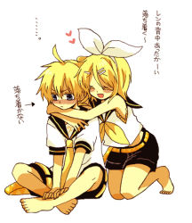 Rule 34 | 1boy, 1girl, anzu (o6v6o), bad id, bad pixiv id, barefoot, blonde hair, blush, bow, brother and sister, closed eyes, embarrassed, hair bow, hair ornament, hair ribbon, hairclip, happy, heart, hetero, hug, hug from behind, incest, indian style, kagamine len, kagamine rin, kneeling, ribbon, short hair, shorts, siblings, simple background, sitting, smile, translated, twincest, twins, vocaloid, white background