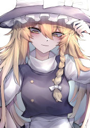 Rule 34 | 1girl, 33 gaff, apron, black dress, blonde hair, bow, braid, buttons, closed mouth, dress, eyes visible through hair, frilled dress, frills, hair between eyes, hair bow, hand up, hat, hat bow, kirisame marisa, long hair, looking at viewer, puffy sleeves, simple background, single braid, smile, solo, touhou, waist apron, white background, white bow, witch hat, yellow eyes