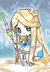 Rule 34 | 1girl, absurdly long hair, asymmetrical sleeves, blonde hair, blue eyes, blush, cherry gomm, chibi, collared dress, detached sleeves, dress, earrings, frills, full body, grimlight, highres, jewelry, long hair, mary janes, rapunzel (grimlight), shoes, single detached sleeve, single sleeve, smile, solo, staff, very long hair, white dress