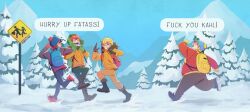 Rule 34 | !, 4boys, animification, backpack, bag, beanie, black hair, blonde hair, blue bag, boots, brown gloves, brown hair, english text, eric cartman, gloves, green bag, green gloves, hat, hood, hoodie, kenny mccormick, kibstar, kyle broflovski, male focus, mountain, multiple boys, orange hoodie, pants, red bag, red gloves, red hair, road sign, running, shoelaces, shoes, sign, sneakers, snow, south park, stan marsh, stop sign, yellow bag, yellow gloves