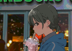 Rule 34 | 1girl, blue jacket, blurry, blurry background, brown eyes, coffee, collared shirt, commentary request, cup, drinking, drinking straw, green hair, grey shirt, hand up, highres, holding, holding cup, hood, hood down, idolmaster, idolmaster shiny colors, jacket, kakeami, light blush, lights, looking at viewer, low ponytail, nanakusa nichika, nape, outdoors, portrait, product placement, profile, revision, shirt, short hair, short ponytail, solo, starbucks