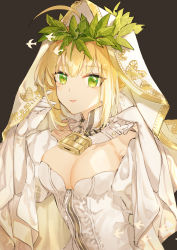 Rule 34 | 1girl, ahoge, artist request, bare shoulders, blonde hair, blush, breasts, bridal veil, chain, cleavage, detached collar, detached sleeves, elbow gloves, fate/extra, fate/extra ccc, fate (series), full-length zipper, gloves, green eyes, hair between eyes, hair intakes, hands up, head wreath, highres, large breasts, leotard, lock, long hair, long sleeves, looking at viewer, nero claudius (bride) (fate), nero claudius (bride) (third ascension) (fate), nero claudius (fate), nero claudius (fate) (all), padlock, parted lips, smile, veil, white gloves, white leotard, white sleeves, wide sleeves, zipper