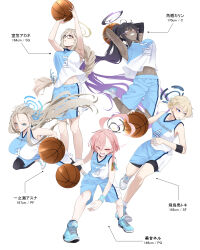 Rule 34 | 5girls, absurdres, ahoge, akane (blue archive), alternate costume, asuna (blue archive), ball, basketball (object), basketball jersey, basketball uniform, black hair, blonde hair, blue archive, breasts, cleaning &amp; clearing (blue archive), dribbling (basketball), eye trail, floating hair, glasses, halo, highres, jumping, karin (blue archive), large breasts, light trail, long hair, multiple girls, neru (blue archive), number print, pink hair, shoes, short hair, shorts, simple background, slam dunk (basketball), sneakers, sportswear, toki (blue archive), upshirt, very long hair, white background, yoru0409