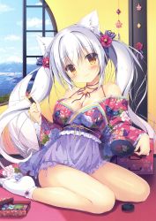 absurdres animal_ears breasts cat_ears cleavage day fox_ears fox_tail hair_between_eyes highres japanese_clothes miyasaka_miyu non-web_source original panties scan see-through_clothes socks solo string_panties tail underwear white_socks