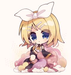 Rule 34 | 1girl, :o, absurdres, belt, belt buckle, black shorts, blonde hair, blue eyes, bow, buckle, chibi, commentary, detached sleeves, eyes visible through hair, full body, hair bow, hair ornament, hairclip, headset, heart-shaped pillow, highres, kagamine rin, leg warmers, misosiru 0224, navel, on pillow, open mouth, pillow, sailor collar, short hair, shorts, shoulder tattoo, simple background, solo, stomach, tattoo, treble clef, v, vocaloid, white background, white bow, yellow belt, yellow sailor collar