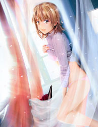 Rule 34 | 1girl, :d, against wall, bra, brown eyes, brown hair, clothes lift, from side, grace16, grey sweater, hair between eyes, highres, isshiki iroha, lifted by self, looking at viewer, medium hair, open mouth, panties, pink bra, pink panties, ribbed sweater, see-through, smile, solo, standing, sweater, sweater lift, transparent, underwear, yahari ore no seishun lovecome wa machigatteiru.