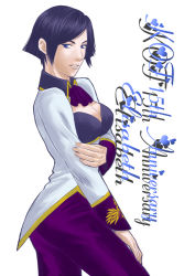 Rule 34 | 1girl, anniversary, ascot, ass, bad id, bad pixiv id, blue eyes, blue hair, breasts, cleavage, cleavage cutout, clothing cutout, elisabeth blanctorche, heart, jacket, large breasts, leo (liberale), short hair, solo, standing, the king of fighters